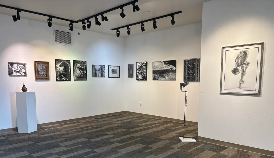 Corner of a gallery hung with a row of black and white artworks, a small sculpture on a plinth and a large framed figure drawing