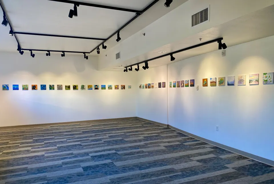 Long line of small square paintings hung at eye level around the white walls of a gallery
