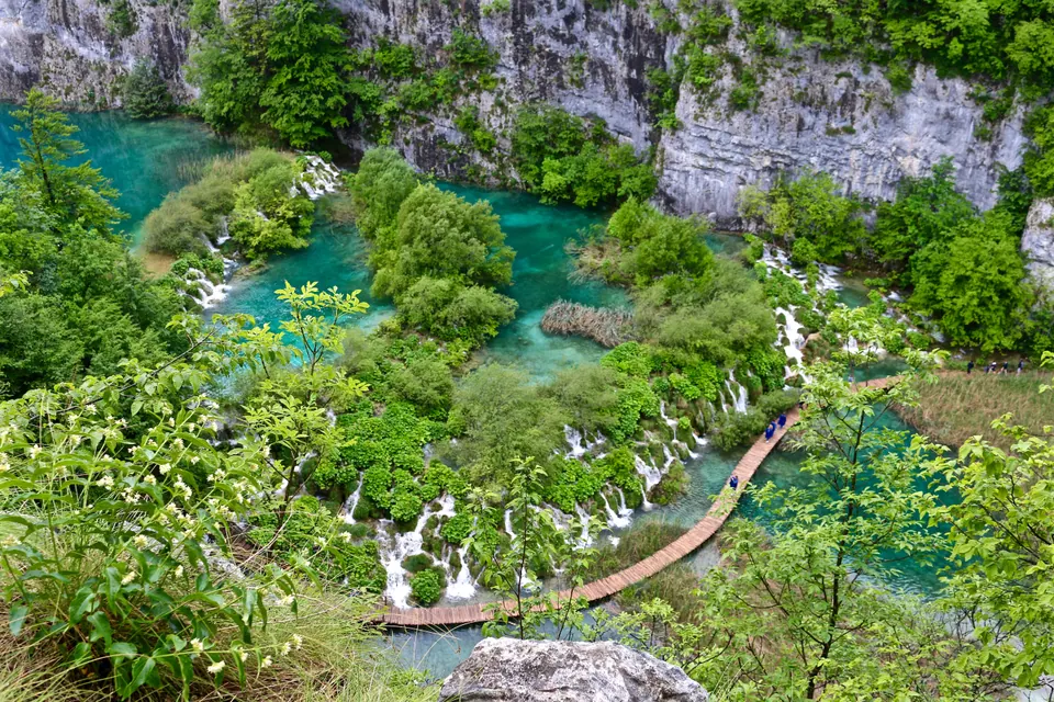Turquoise lakes and small waterfalls threaded with a wooden walkway, seen from above through trees